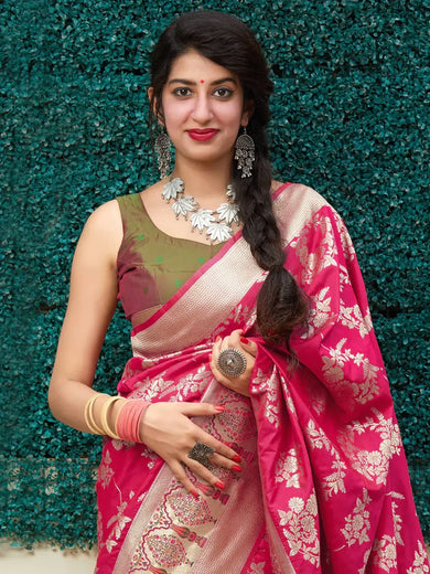 Fabulous Pink Zari Weaving Silk Festival Wear Saree With Blouse